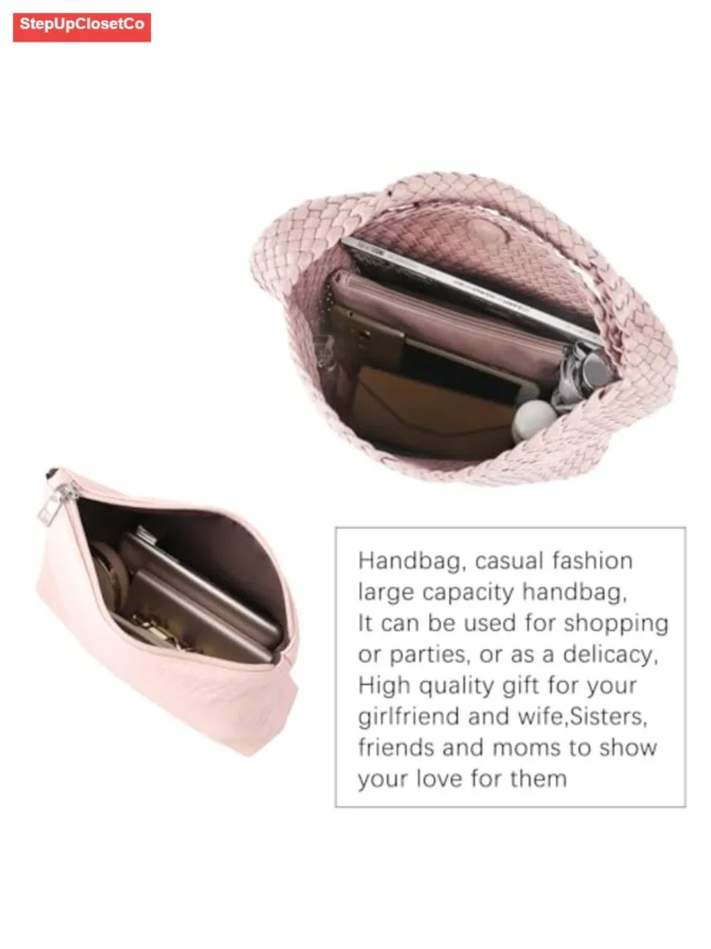 Woven Tote Vegan Leather Handbag Women Shoulder Top-Handle Purse